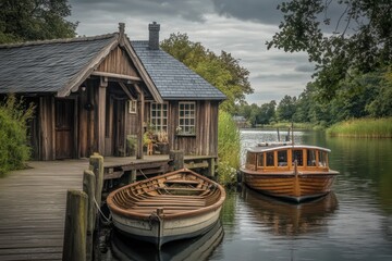 Obraz premium A serene riverboat docked at a wooden pier next to a quaint boathouse with a slate roof