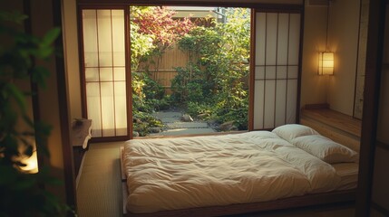 Fototapeta premium A bedroom with a white bed and a window that lets in sunlight