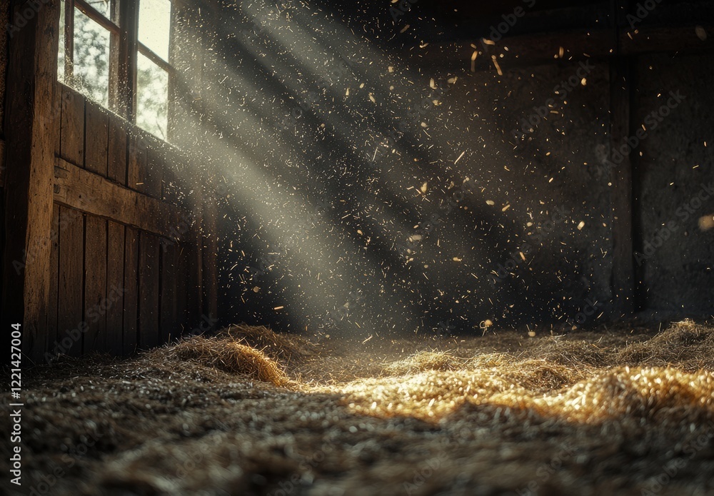 Poster sunlight filters through rustic barn door illuminating dust particles and hay in a quiet, serene env