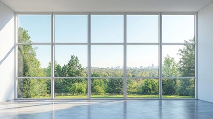 Spacious Modern Living Room With Large Windows Overlooking a Scenic Natural Landscape on a Bright Sunny Day