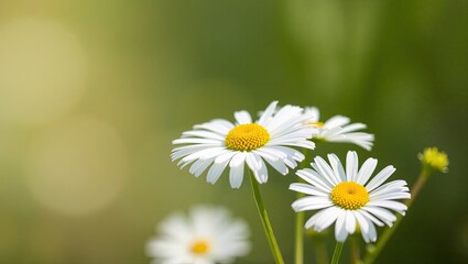 White daisy flowers with bright yellow centers stand in sharp focus against a blurred, soft green background. Natural, simple beauty.