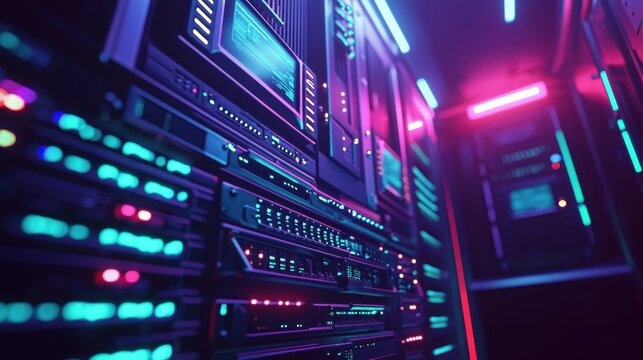A computer server room with neon lights and a neon blue wall