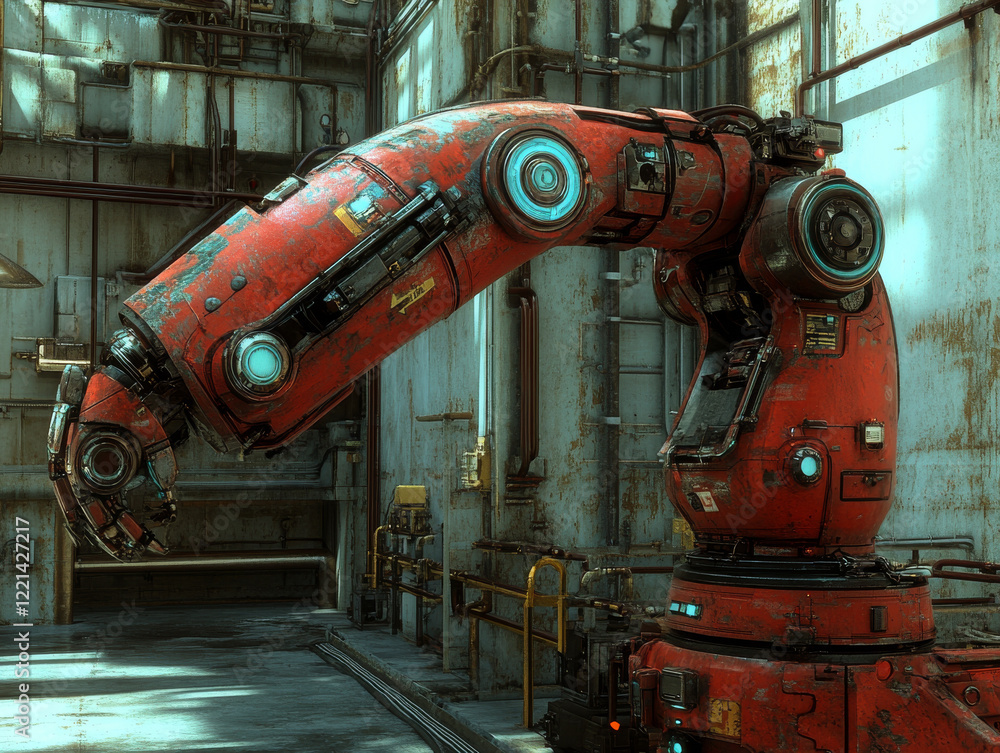 Poster robotic arm industrial setting, showcasing advanced technology and design. red color and intricate d