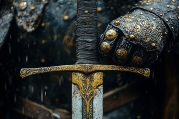 Knight wearing armor and gauntlet holding a sword in the rain, evoking medieval warfare and combat