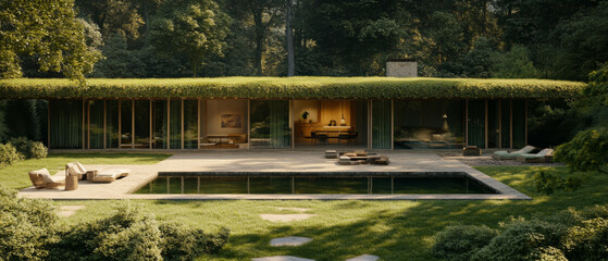 modern green home surrounded by lush trees and serene pool, showcasing sustainable architecture and natural beauty