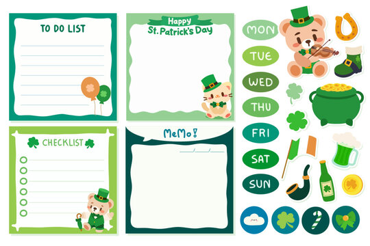 Adorable St. Patrick's Day stationery set featuring cute memo, checklist, and to do list templates with adorable leprechaun themed bear and cat characters and charming Irish holiday icons.