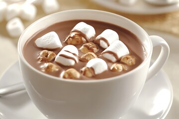 A rich hot chocolate with marshmallows and a drizzle of hazelnut syrup.