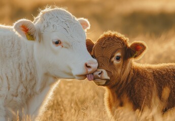 Fototapeta premium Tender Moment Between a Young Calf and Its Mother in a Serene Farm Setting at Golden Hour, Showcasing the Bond of Love and Care on a Ranch Landscape