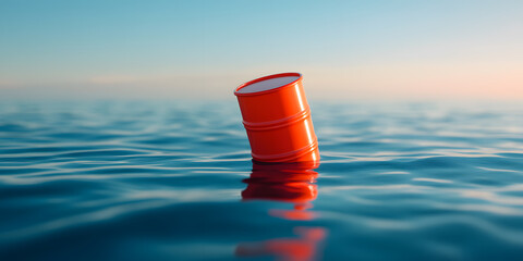 A single red barrel floats in calm ocean waters at sunset.  The barrel is partially submerged, creating a reflective image on the water's surface.