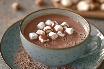 A rich hot chocolate with marshmallows and a drizzle of hazelnut syrup.