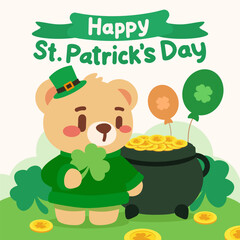 Cute St. Patrick’s Day Bear with Shamrock and Pot of Gold. St. Patrick’s Day illustration showcases a cute bear dressed in green, holding a shamrock and standing beside a pot of gold.