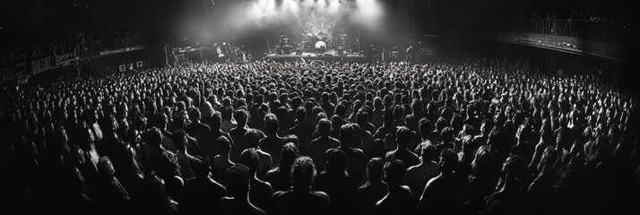 Huge crowd cheering and enjoying live music concert at night