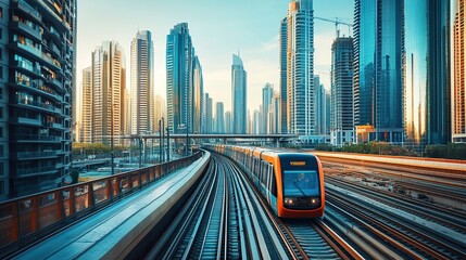 Fototapeta premium Railway bridge in the city center with modern skyscrapers