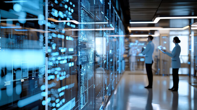 Research scientists analyzing big data processing running on digital screen in high tech laboratory