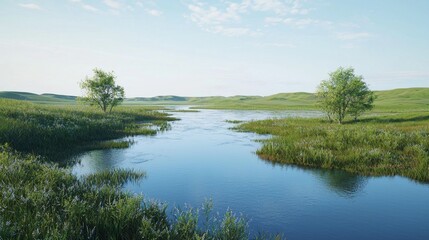 Fototapeta premium A serene landscape with a body of water and two trees