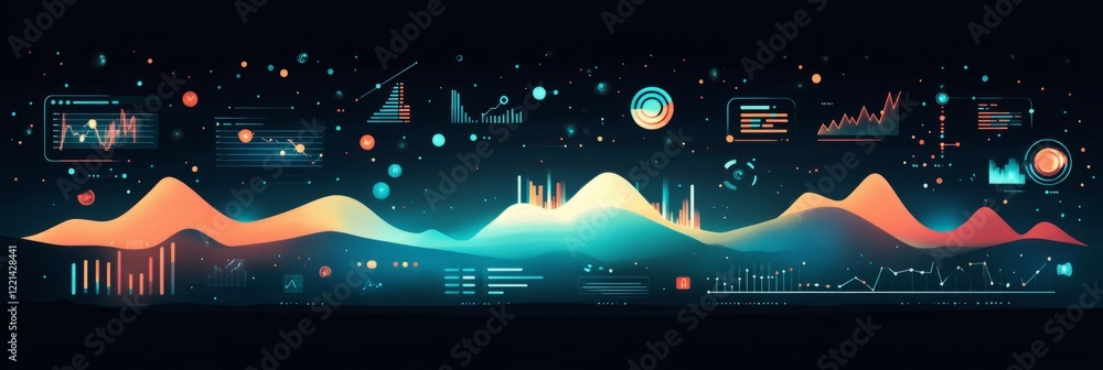 Poster glowing charts and data visualization elements create a futuristic heads-up display, ideal for techn