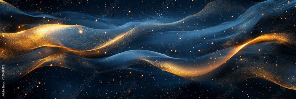 Poster abstract background with gold and blue particles flowing and creating waves in dark space