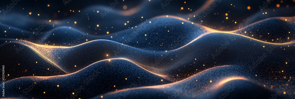 Poster abstract background with gold and blue particles flowing and creating waves in dark space