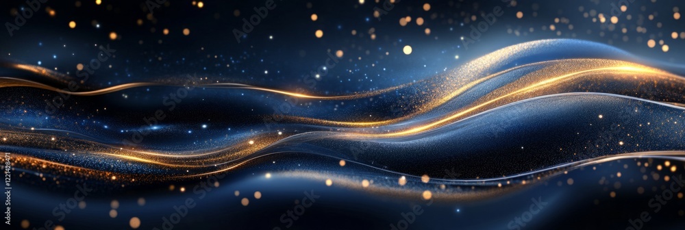 Poster golden particles flowing and swirling over a blue wavy fabric, creating a luxurious and elegant abst