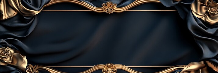 Luxurious golden frame adorned with blue silk drapery and floral ornaments creates an elegant backdrop