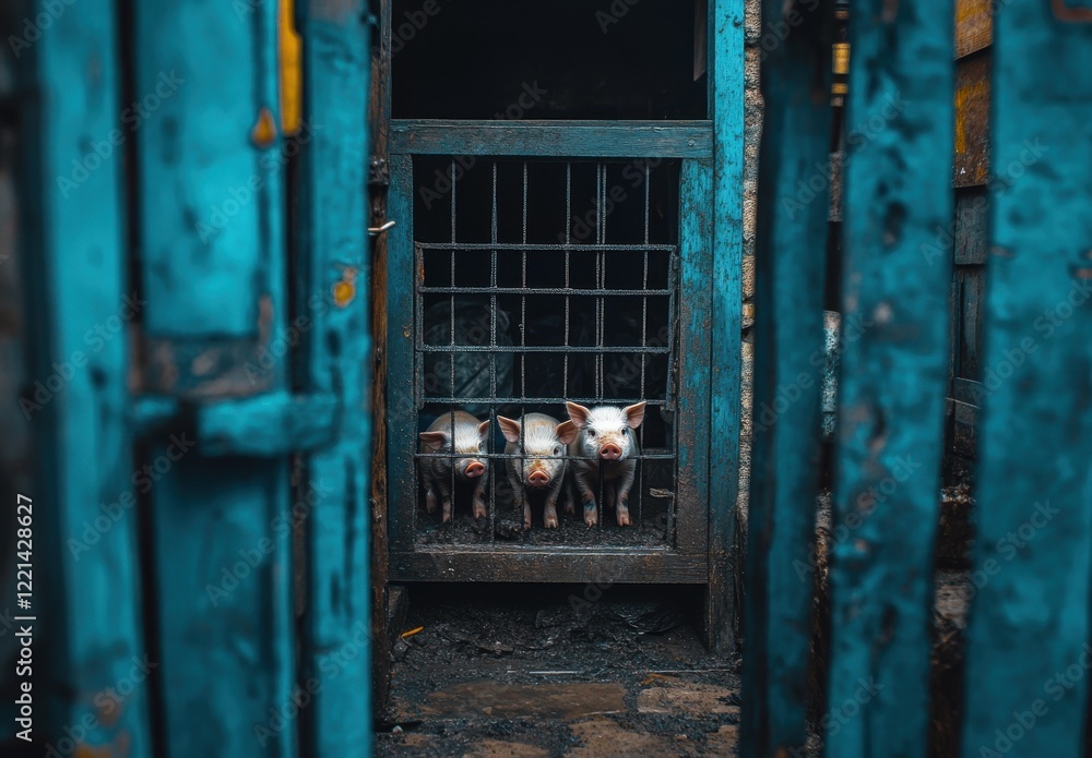 Aufkleber three curious piglets peeking out from behind a rustic rusty gate in an abandoned farmyard surrounde