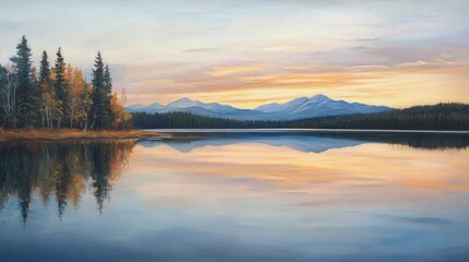 Fototapeta premium A painting of a lake with mountains in the background