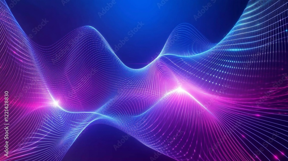 Poster abstract glowing line waves on gradient blue purple background rendering