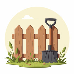 Garden rake beside wooden fence in sunny setting, landscaping tool