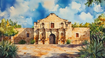 Fototapeta premium A painting of a building with a large archway and a small door