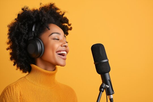 A talented black female vocalist smiles while singing into a microphone. Dressed in a warm turtleneck, she captures the energy of her performance against a bright yellow background that enhances the m