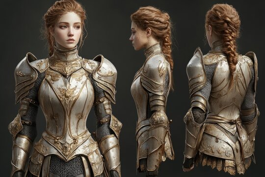 3d render of a medieval female knight wearing ornate golden armor, shown from front, side, and back views