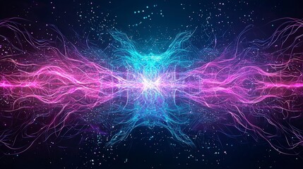 Naklejka premium A vibrant digital artwork showcasing a clash of colors and dynamic shapes, symbolizing energy and interconnectedness in a mesmerizing display.