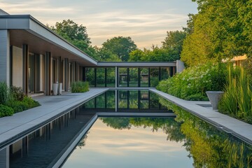 Naklejka premium A serene spa building with horizontal lines, reflecting pools, and lush green surroundings