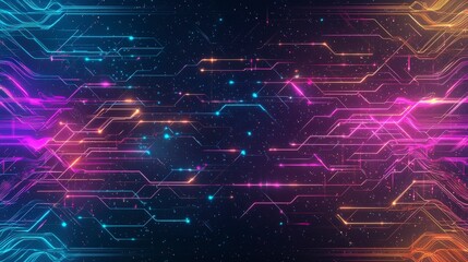 Obraz premium A vibrant digital background showcasing colorful circuit patterns and glowing lines, perfect for tech designs, presentations, and futuristic themes.