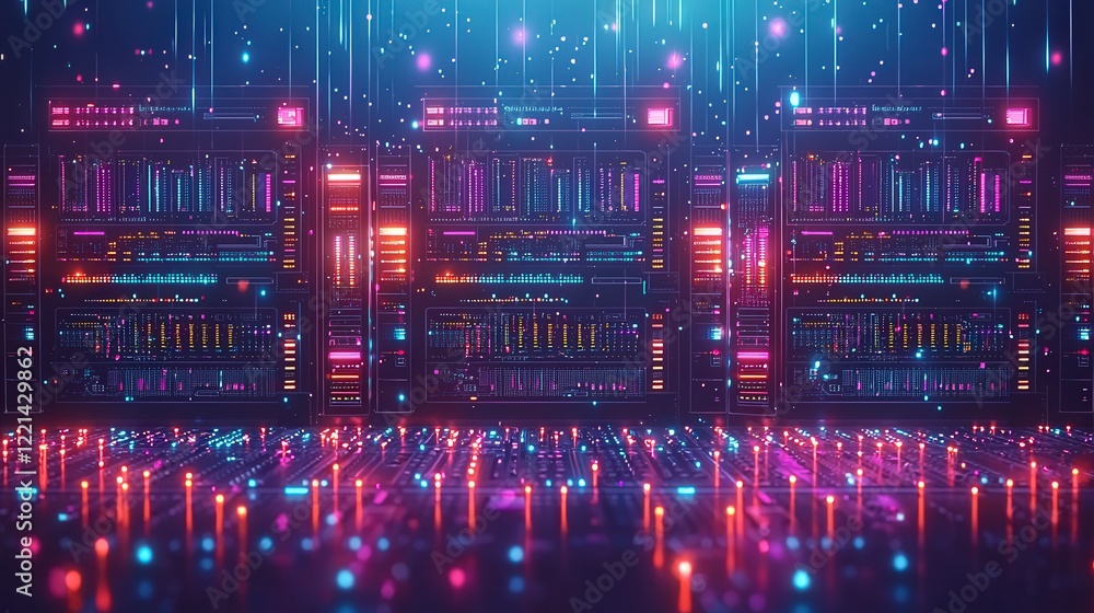 Poster a vibrant digital landscape showcasing futuristic server racks amidst colorful lights and data strea