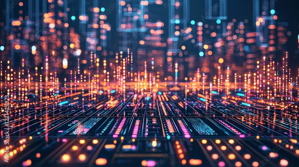 Poster a vibrant digital landscape showcasing illuminated lines and dots, symbolizing data flow and innovat