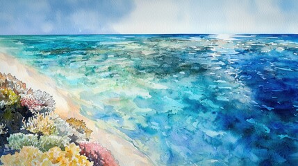 Obraz premium A painting of a beach with a blue ocean and a green shore