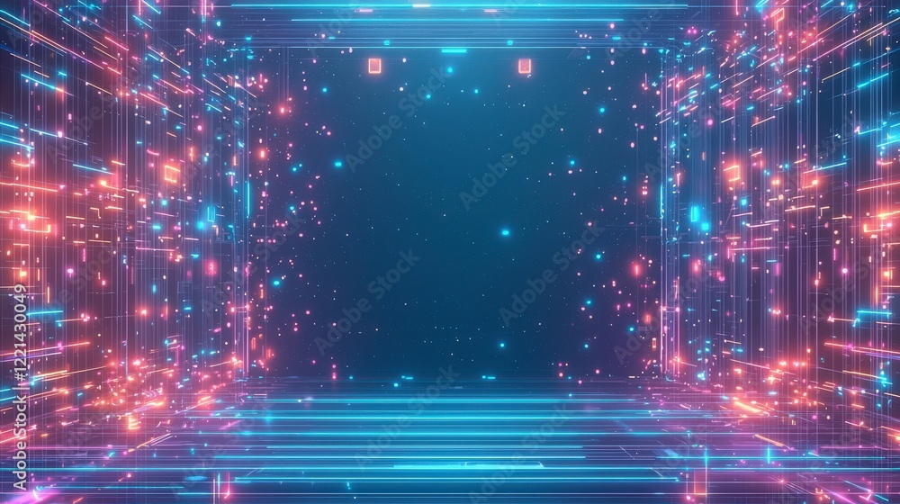 Poster a vibrant digital space filled with glowing lines and colorful particles, creating an immersive and 