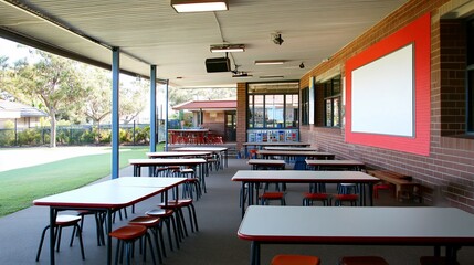 Outdoor School Classroom: Tables and Chairs Under Covered Patio