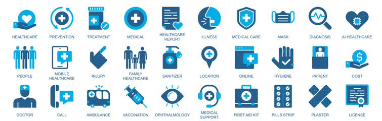 Healthcare icon set in flat duotone solid icons web design. Pack pictograms with prevention, treatment, medical report, illness, care, mask, diagnosis, injury, sanitizer, other. Vector illustration.