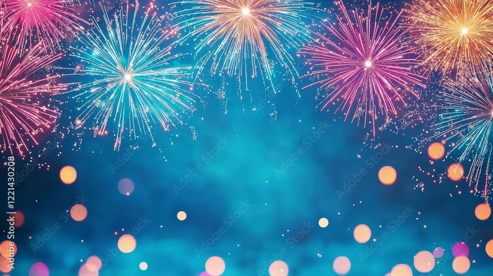 Poster a vibrant display of colorful fireworks exploding against a serene blue background, creating a festi
