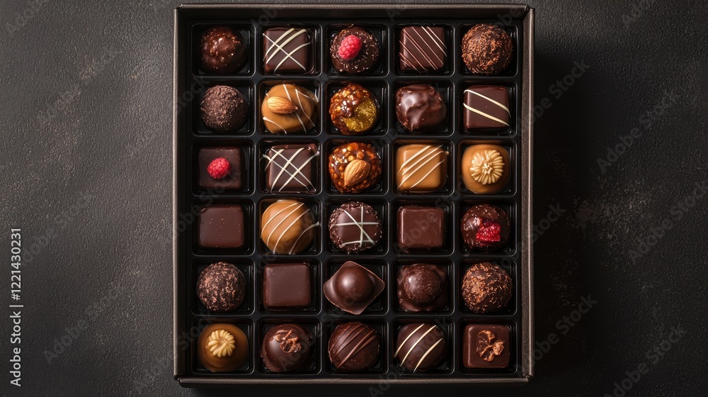 Poster a box of assorted chocolates with a black background