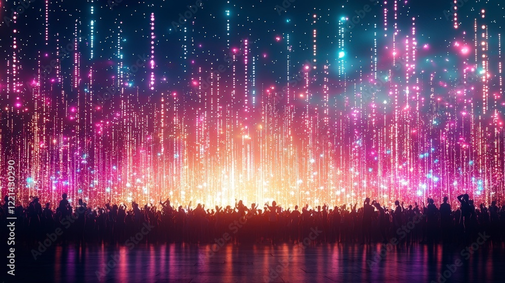 Poster a vibrant display of colorful lights illuminating a crowd during a festival, creating a mesmerizing 