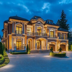 Obraz premium Big custom made luxury house with nicely landscaped and trimmed front yard and driveway to garage in the suburbs of Vancouver, Canada.