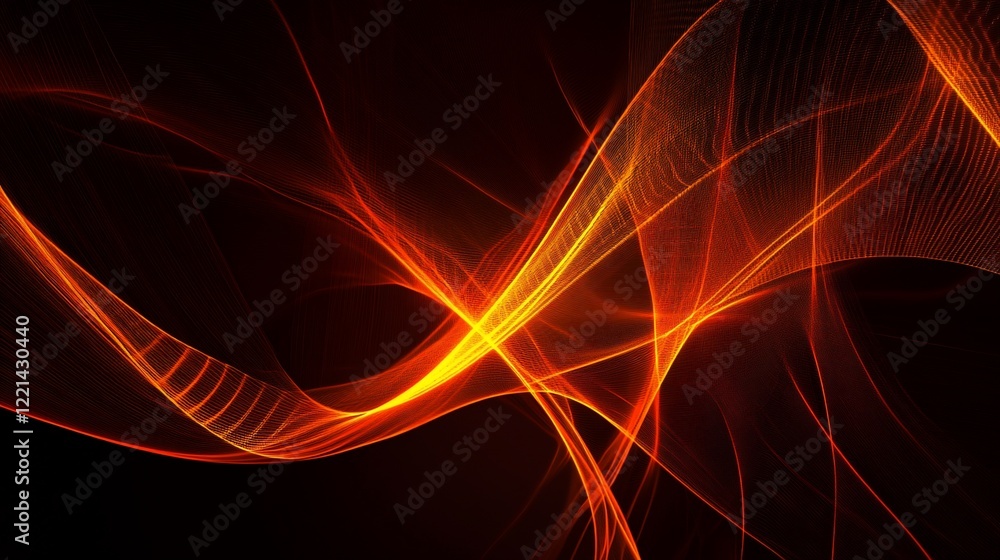 Poster abstract fiery orange and yellow lines weave a dynamic pattern on a dark background