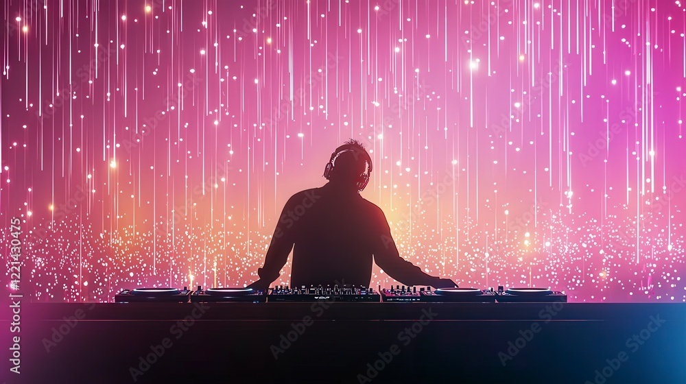 Poster a vibrant dj in silhouette blends music and light, creating an electrifying atmosphere filled with c