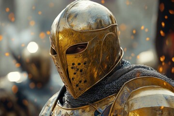 Fototapeta premium Close-up of a medieval warrior wearing ornate golden helmet and holding a sword, evoking themes of battle, history, and fantasy