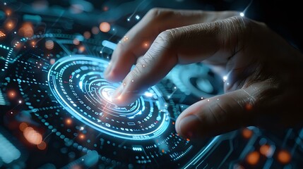 Futuristic digital interface with human hand touching holographic circle display, glowing blue technology concept perfect for innovation and digital transformation themes.