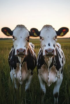 Two Adorable Holstein Cows Standing Together in a Lush Green Field at Sunrise, Capturing the Essence of Country Life and Agricultural Beauty