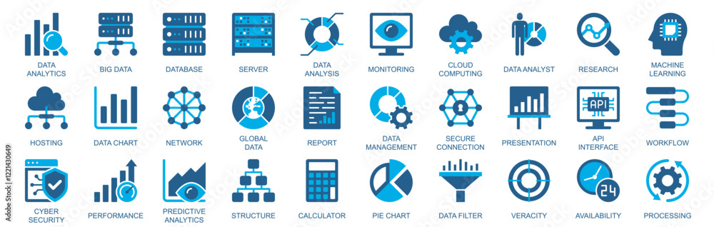 Fototapete data analytics icon set in flat duotone solid icons web design. pack pictograms with database, serve